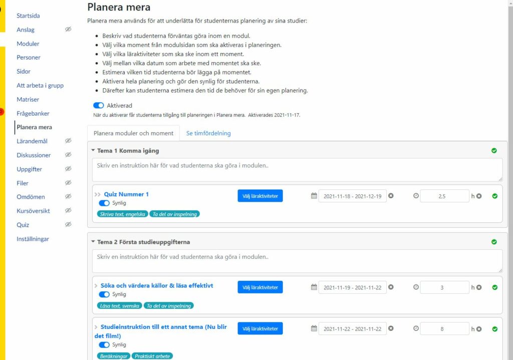 Skärmbild som illustrarar lärarvyn i Canvasmodulen Planera mera